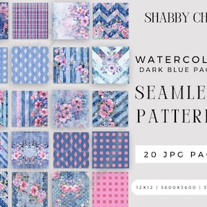 Blue and Pink Watercolor Printable Pattern Shabby Chic Floral Seamless Paper Instant Digital Download Rose Scrapbook Junk Journal JPG