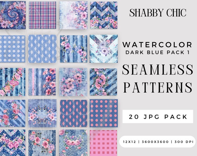 Blue and Pink Watercolor Printable Pattern Shabby Chic Floral Seamless Paper Instant Digital Download Rose Scrapbook Junk Journal JPG