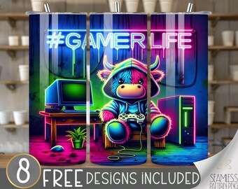 Highland cow gamer tumbler wrap, cute gamer life tumbler wrap, gamer 20Oz skinny tumbler sublimation design, gaming tumbler Png, cute cow