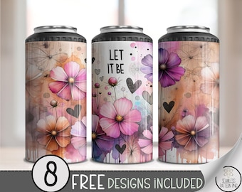 Let It Be 4-in-1 Can Cooler Wrap PNG, 16 oz Floral Tumbler Sublimation, Mental Health Wrap, Inspirational Flower Drink Wrap Design PNG A283