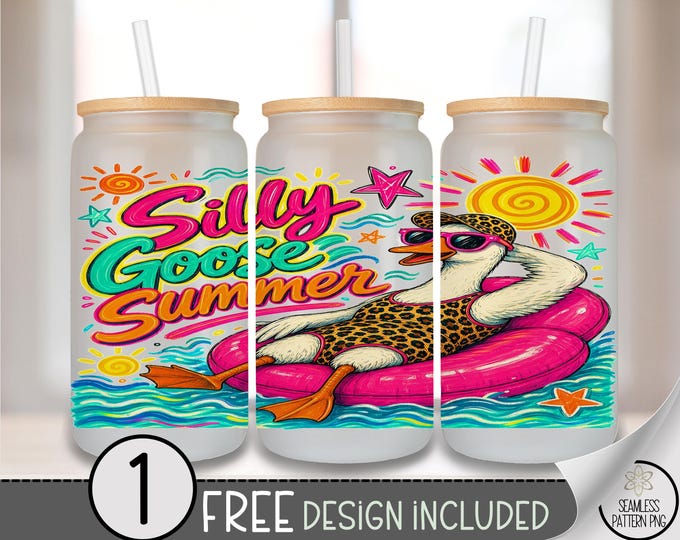 Goose Summer Fun Glass Can Wrap, Pink Tumbler Sublimation Design, Retro PNG File, (Digital Download) B10198