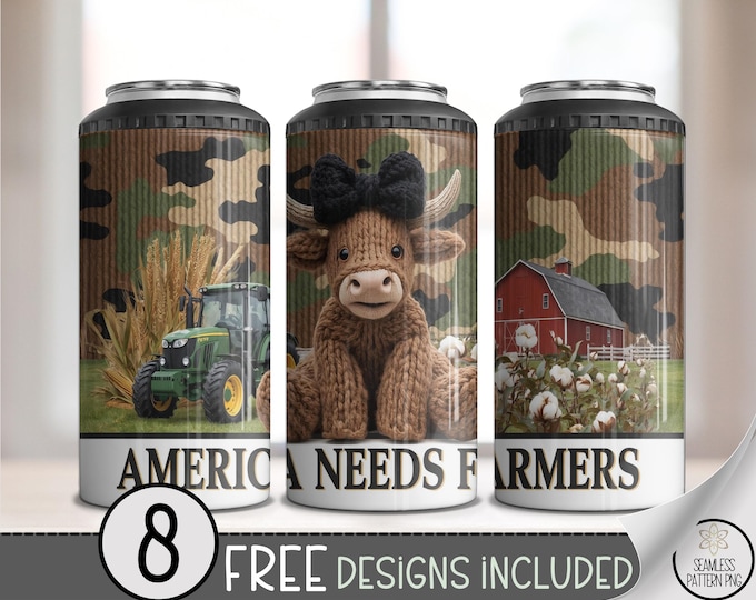 America Needs Farmers 4 in 1 Can Cooler PNG, Tractor Farming 16 oz 4n1 Digital Download, Knitted Cow Sublimation Design, A783