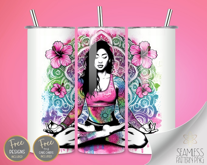 Asian Woman Tumbler, Asian Girl Sublimation Files, Hibiscus Mandala Tumbler, Meditation Wrap, 20oz Straight Tumbler Wrap, Instant Download