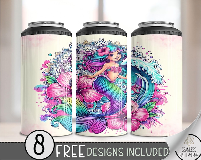 Mermaid 4 in 1 Can Cooler Wrap, Mermaid Theme 4in1 Tumbler PNG, Magical Mermaid 16 Oz Can Cooler Sublimation Design, Ocean Floral PNG, A122