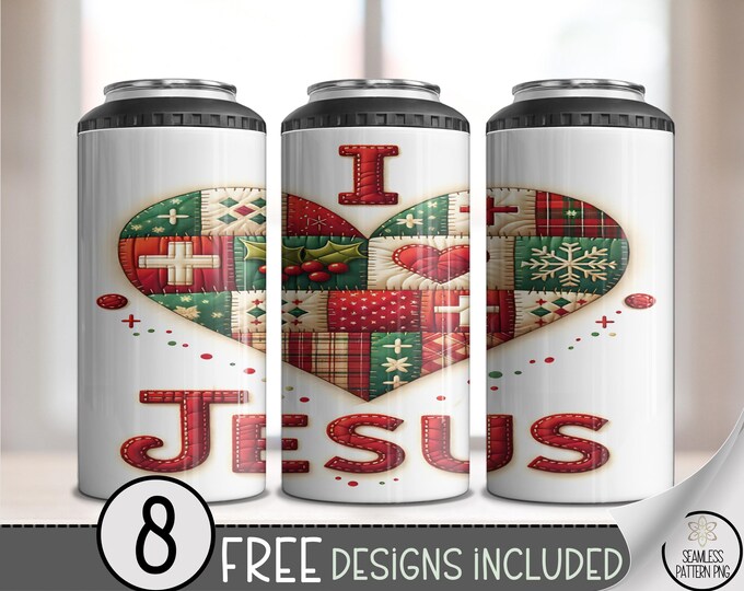 I Love Jesus 4in1 Can Cooler Wrap, Christian Christmas Sublimation Design, Farmhouse Quilt Style, Digital Holiday PNG File A506