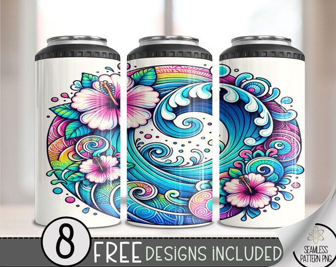 Ocean Wave 4 in 1 Can Cooler Wrap, Tropical Sublimation Design, Summer Hibiscus Mandala 4in1 Tumbler PNG, Retro Can Wrap File, A119
