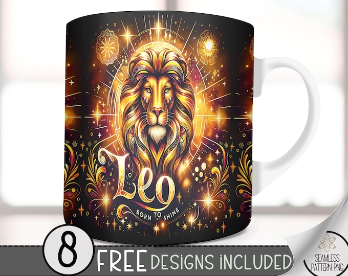 Leo 11Oz Mug Template, Coffee Mug Png, 11 Oz Mug Wrap, Zodiac Mug, Astrology Mug Sublimation Designs, Seamless Zodiac Sign, Tie Dye PNG