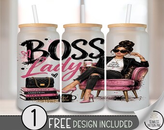 Boss Lady Glass Can Wrap, Pink Fashion Woman 16oz Tumbler Sublimation Design, Digital Download, B10469
