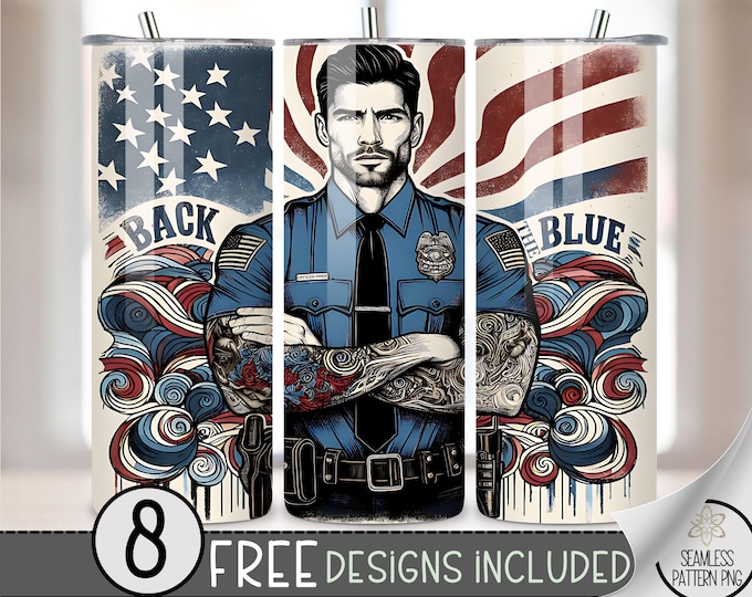 Policeman Tumbler Wrap, Men's 20oz Skinny Tumbler Sublimation Design, Father's Day Tumbler Wrap File PNG, Back The Blue Tumbler Design Wrap