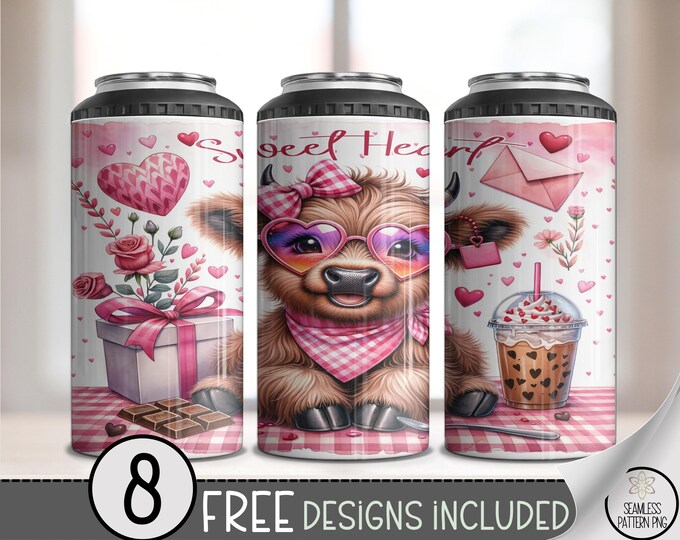 Sweetheart Cow 4-in-1 Can Cooler Wrap PNG, Cute Highland Heifer Valentine, Rustic Pink Design for Women, Digital Download, Sublimation, B721