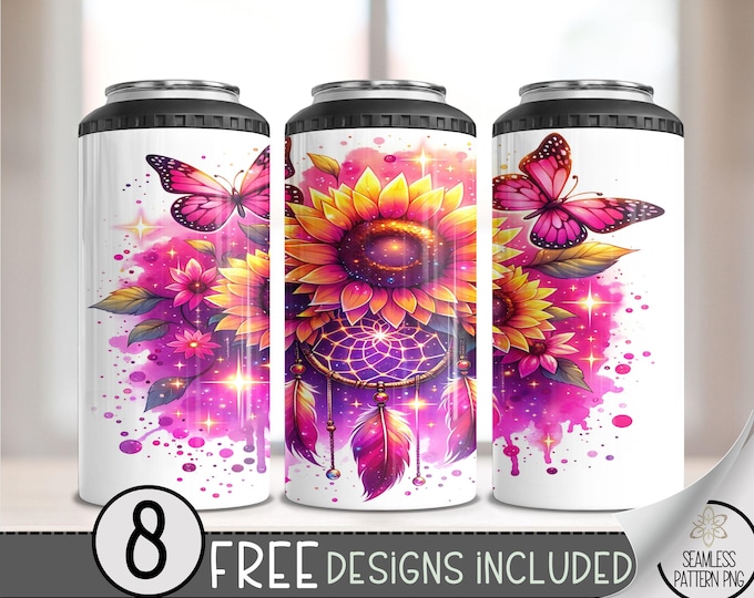 Sparkly Sunflower 4 in 1 Can Cooler Wrap, Neon 4in1 Tumbler PNG, Floral 16 Oz Can Cooler Sublimation Design, Glitter Dreamcatcher 16 oz Wrap
