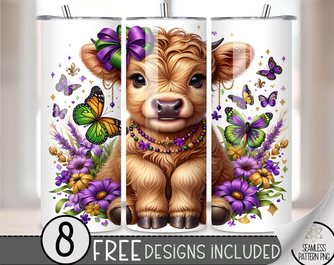 Highland Cow Mardi Gras Tumbler Wrap, Carnival Sublimation Design PNG, Butterflies 20Oz Skinny Tumbler File, Butterfly Festival Tumbler PNG