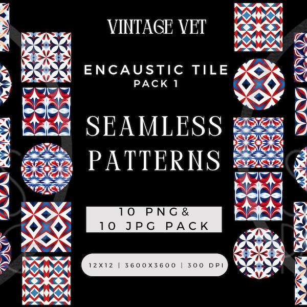 Vintage Vet, Farmhouse Tile Seamless Pattern, Encaustic Tile Seamless Paper, Carreaux Ciment Tile Seamless Design, Majolica Tile JPG PNG