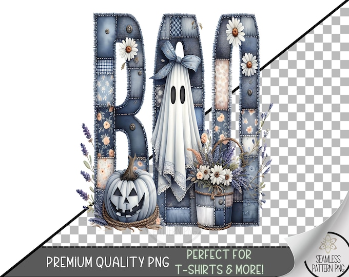 Patchwork Ghost PNG, Vintage Halloween Quilt Design, Cozy Spooky Fall Shirt, Retro Sublimation Art Download, A420