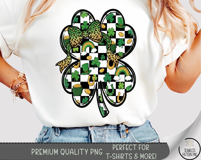 St. Patrick’s Day T-shirt PNG, Coquette Shamrock Sublimation Design, Preppy DTF Shirt Graphic, Checkered TShirt File, B915