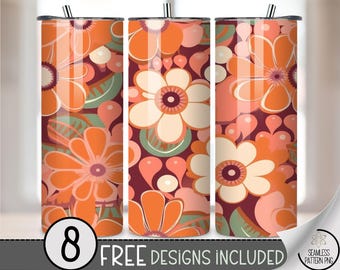 20oz Retro Floral Tumbler Wrap PNG, Orange 70s Seamless Flower Design, Fall Boho Sublimation Wrap, Vintage Floral PNG, A401