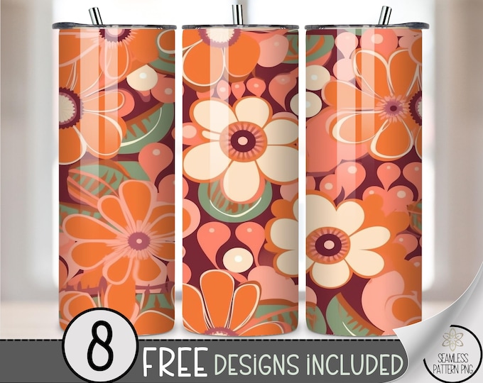 20oz Retro Floral Tumbler Wrap PNG, Orange 70s Seamless Flower Design, Fall Boho Sublimation Wrap, Vintage Floral PNG, A401