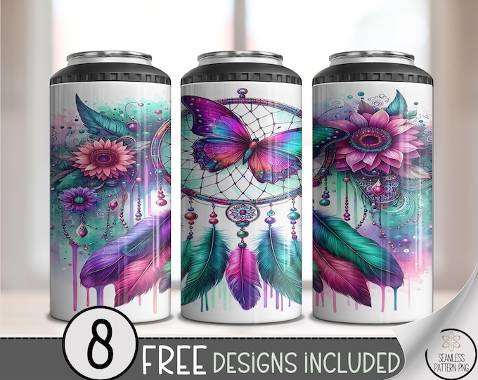Vibrant Bohemian 4in1 Can Cooler Wrap, Mystical Butterfly Dreamcatcher Sublimation Design, Floral PNG, Instant Download, A543
