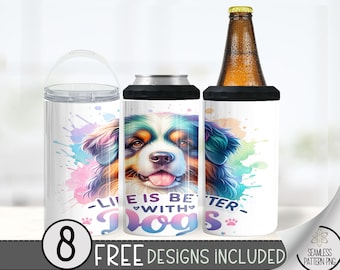Life Is Better With Dogs 4 in 1 Can Cooler Sublimation Design, Cute Dog Can Cooler Wrap, Pet Lover Digital Design PNG,Pastel Watercolor Wrap