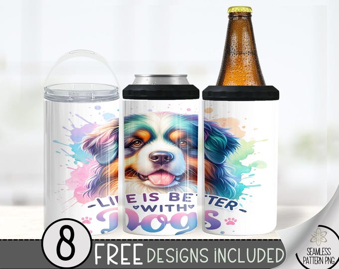 Life Is Better With Dogs 4 in 1 Can Cooler Sublimation Design, Cute Dog Can Cooler Wrap, Pet Lover Digital Design PNG,Pastel Watercolor Wrap