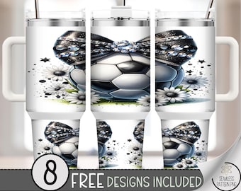 40oz Soccer Ball Tumbler Wrap, Rhinestone Bow and Floral PNG, Glam Sports Mom Sublimation, Sparkly Daisy Soccer Wrap for 40 oz, A368