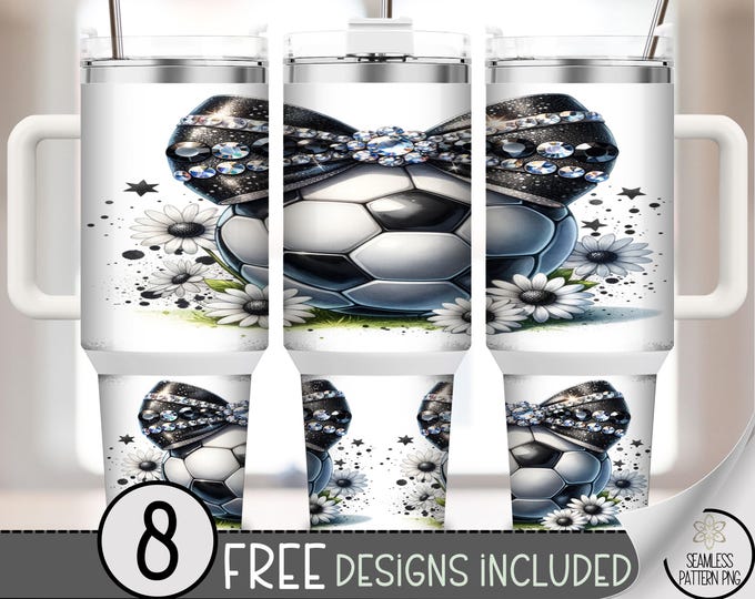 40oz Soccer Ball Tumbler Wrap, Rhinestone Bow and Floral PNG, Glam Sports Mom Sublimation, Sparkly Daisy Soccer Wrap for 40 oz, A368