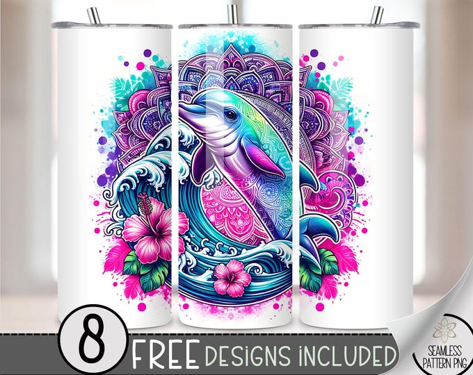 Dolphin Tumbler Wrap, Tropical Sublimation Design, Hibiscus Mandala Tumbler Wrap, Retro Wrap, 20oz Straight Tumbler Wrap, File Download A115