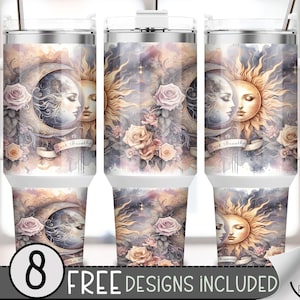 May include: Set of eight stainless steel tumblers with a watercolor design featuring a sun and moon with faces, surrounded by pink and yellow roses. The tumblers have a white background and the text "Just Breathe" is printed on the front.