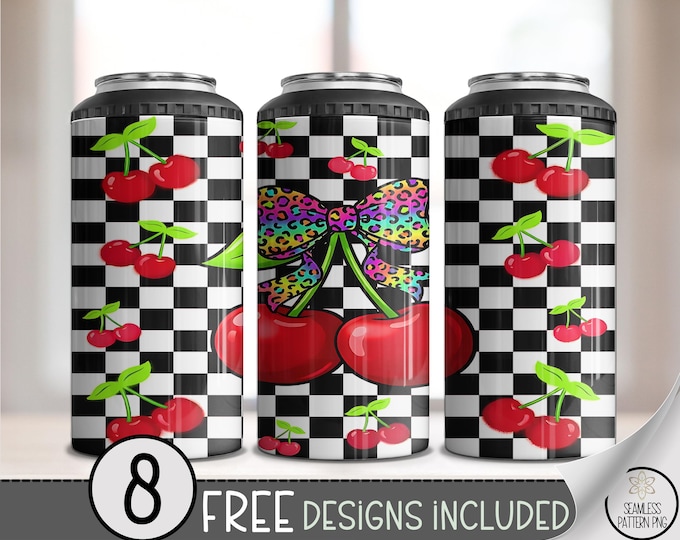Cherry PNG, 4-in-1 Can Cooler Wrap, Sublimation Design, Retro Vibrant Pattern, Digital Download, B10005