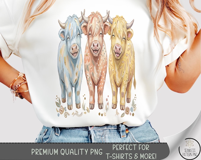 Highland Cow PNG, Cow Trio T-Shirt Design, Sublimation DTF Graphic, Digital Download, B876