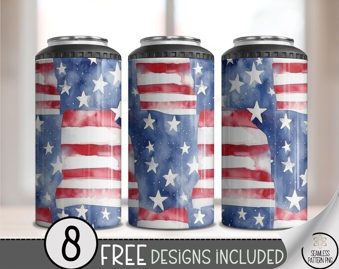 Watercolor USA Flag 4-in-1 Can Cooler Wrap PNG, Patriotic Red White Blue Stars and Stripes, Sublimation Fourth of July American Design, A299