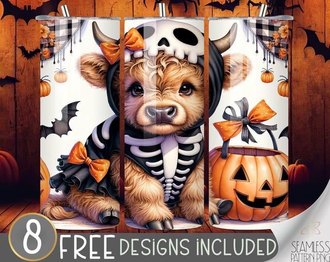 Cute Halloween Highland Cow 20 oz Skinny Tumbler Sublimation Design, Skeleton Highland Cow Tumbler Wrap, Cute Halloween Tumbler Wrap PNG