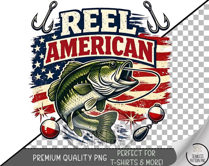 Reel American PNG Fishing UV DTF Sublimation Design, Largemouth Bass, Digital Download, B10041