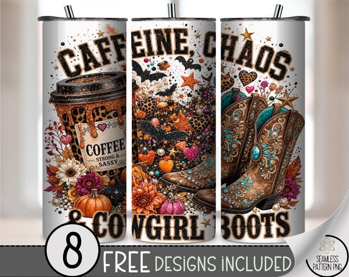 Caffeine Chaos Cowboy Boots 20 oz Tumbler Wrap, Festive Sublimation Design, Fall PNG Files, Digital Download, B10426