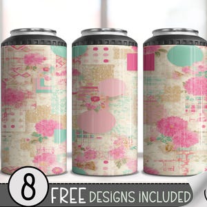 May include: Three cylindrical can coolers featuring a seamless pattern of pink flowers, teal circles, and gold geometric shapes on a cream background. The text 8 FREE DESIGNS INCLUDED is displayed at the bottom of the image with a small logo.