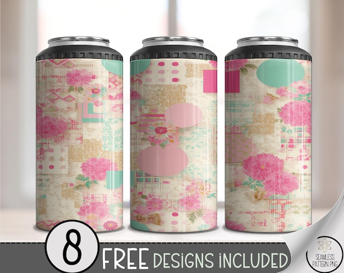 Pink Floral 4in1 Can Cooler Wrap, Faux Patchwork Sublimation Design, Digital Download, B10504