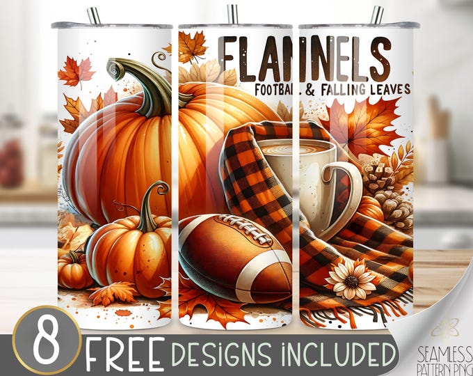 Fall Tumbler Wrap, Flannel Tumbler Wrap Sublimation Design, Autumn Leaves Pumpkins 20oz Tumbler Wrap, Thanksgiving Football Rustic Tumbler