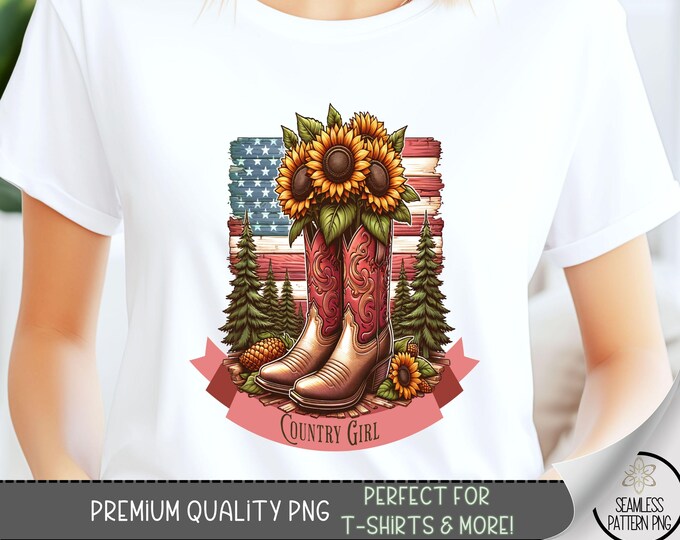 Patriotic Country Girl T-Shirt PNG, Sunflower Tee, Distressed Western Graphic Tee Design, Cowboy Boots Graphic Tshirt PNG, A112