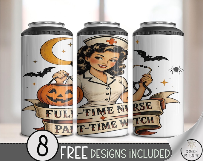 Halloween Nurse 4in1 Can Cooler Wrap, Retro Witch Sublimation Design, Digital Download, B10548