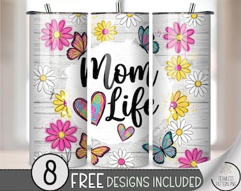 Mom Life PNG Cozy 20 oz Tumbler Wrap, Flower Sublimation Design, Digital Download, B910