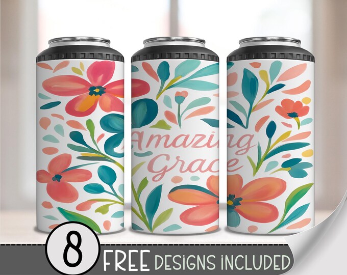 Floral 4 in 1 Can Cooler Wrap, Amazing Grace 4in1 Tumbler PNG, Religious 16 Oz Can Cooler Sublimation Design, Bright Brushstroke Flower A230