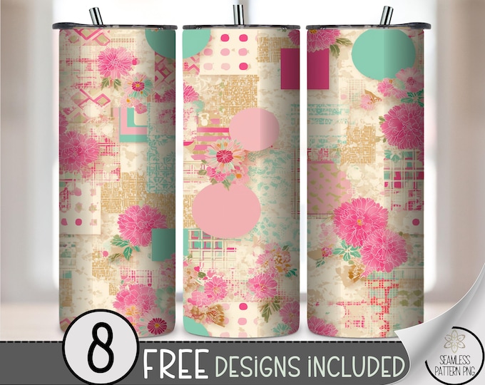 Pink Floral Patchwork 20oz Tumbler Wrap, Cute Sublimation Design for Straight Tumblers,  PNG Files, Digital Download, B10504