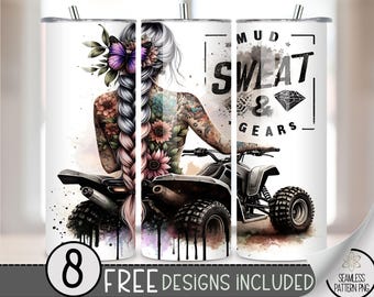 Girl ATV Tumbler Wrap, 4 wheeler 20oz Skinny Tumbler Sublimation Design, Racing Tumbler Sublimation Design, Girl With Tattoos Tumbler File