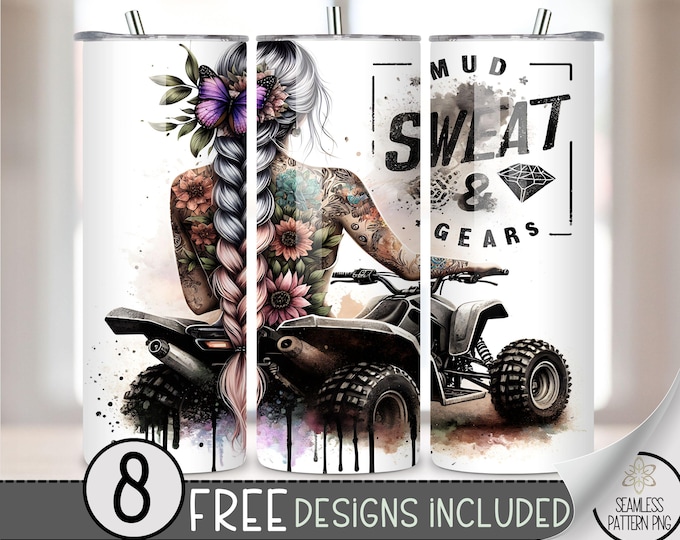 Girl ATV Tumbler Wrap, 4 wheeler 20oz Skinny Tumbler Sublimation Design, Racing Tumbler Sublimation Design, Girl With Tattoos Tumbler File