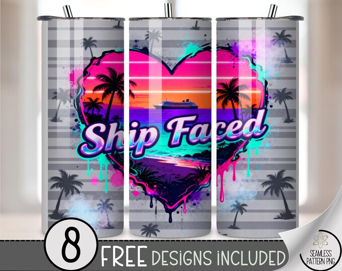 Ship Faced 20 oz Tumbler Wrap, Tropical Sublimation Design for Straight Tumblers, Retro Y2K Neon PNG Files, Fun Beach Cruise Graphic B10043