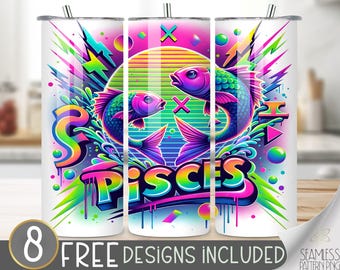 Neon Zodiac Tumbler Wrap, Pisces 20 Oz Skinny Tumbler Sublimation Design Astrology Sign, Zodiac Signs Tumbler PNG,Airbrush Astrology Tumbler