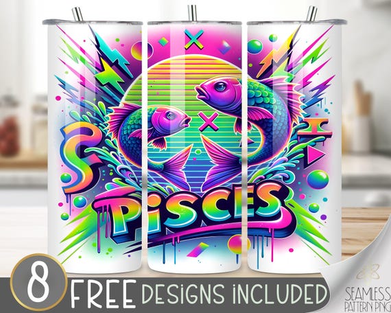 Neon Zodiac Tumbler Wrap, Pisces 20 Oz Skinny Tumbler Sublimation Design  Astrology Sign, Zodiac Signs Tumbler PNG,Airbrush Astrology Tumbler