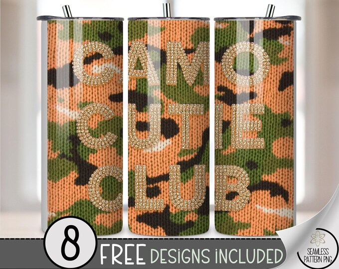 Camo Cutie 20 oz Tumbler Wrap, Faux Yarn Sublimation Design for Straight Tumbler, Rhinestone Design, Digital Download, B936