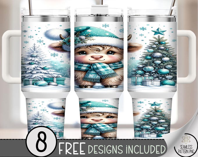Cute Xmas 40 oz tumbler wrap: Christmas Cow Sublimation Design, Cozy Winter Scene, Vibrant PNG Files, A594