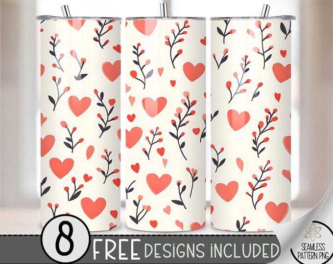 Valentines Tumbler Wrap PNG, Continuous Heart 20oz Skinny Seamless Tumbler Wrap PNG, Love Sublimation Tumbler Template, V Day Doodle File